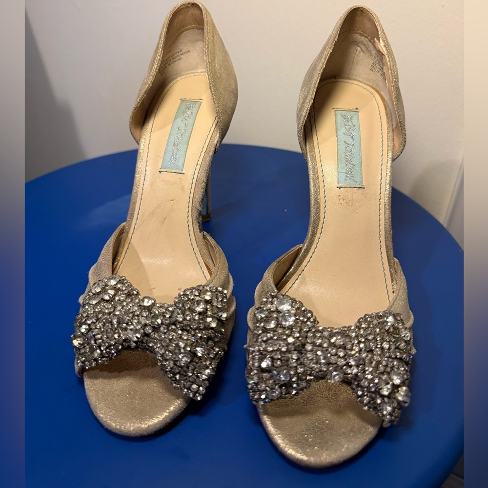 Betsey Johnson Gold Heels with Rhinestone Bow